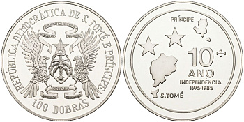Сан-Томе и Принсипи 100 добра 1985 10 лет независимости, тираж 1000 экз. KM 42а серебро PROOF 1098-4-44
