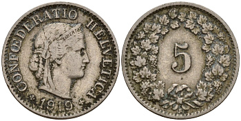 Швейцария 5 раппенов 1910 B KM 26 медно-никель 4189-534