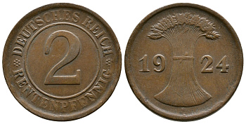 ГЕРМАНИЯ 2 РЕНТЕНПФЕННИГА 1924 E KM 31, J.307 бронза 86-1832