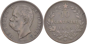 Италия 10 чентезимо 1894 B/I, Умберто I (1878-1900) KM 27.1 медь 4526-1015