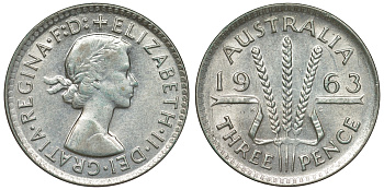 Австралия 3 пенса 1963 m, Елизавета II (1952-2022) KM 57 серебро 71-917