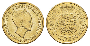 Дания 20 крон 2016 Маргрете II (1972-2024) KM 955 алюминиевая бронза UNC 4648-816
