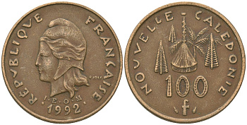 Французская Новая Каледония 100 франков 1992 хижина среди сосен и пальм, (IEOM) KM 15, Schoen 16, Lec 137 никель бронза 88-815