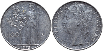 ИТАЛИЯ 100 ЛИР 1975 R, АФИНА KM 96.1 нержавеющая сталь 4394-613