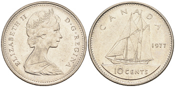 Канада 10 центов 1977 Елизавета II (1952-2022), парусник KM 77.1 никель  4147-349