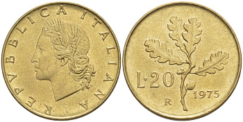 ИТАЛИЯ 20 ЛИР 1975 R, ДУБОВЫЕ ЛИСТЬЯ KM 97.2 алюминиевая бронза 4551-256