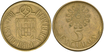 Португалия 5 эскудо 1991 KM 632 никель латунь 4573-1111