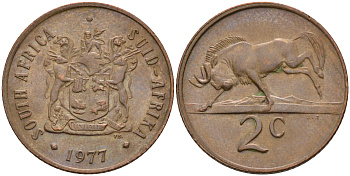 ЮАР 2 цента 1977 герб, антилопа гну KM 83 бронза 4595-257