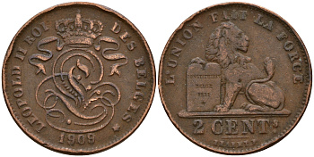 Бельгия 2 сантима 1909 Belges KM 64 медь    4187-414