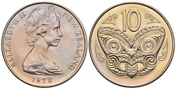 Новая Зеландия 10 центов 1970 Елизавета II (1952-2022), маска маори KM 41.1 медно-никель  UNC  4177-1112