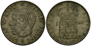 Швеция 1 крона 1966 U, Густав VI Адольф (1950-1973) KM 826 серебро 4551-511