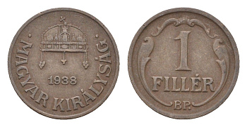 Венгрия 1 филлер 1938 BP KM 505 бронза 4664-819