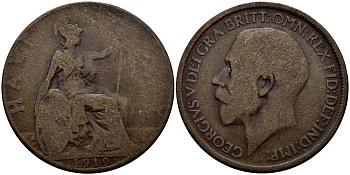 Великобритания 1/2 пенни 1919 Георг V (1910-1936) KM 809, Spink 4056 бронза 51-832