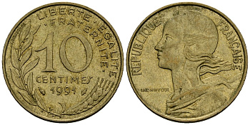 Франция 10 сантимов 1991 тип Marianne KM 929 алюминиевая бронза 4136-431