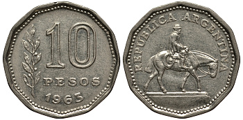 Аргентина 10 песо 1963 Гаучо KM 60 никелированная сталь 4182-512