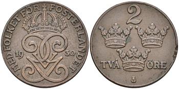 ШВЕЦИЯ 2 ЭРЕ 1930 ГУСТАВ V (1907-1950) KM 778 бронза 63-1235
