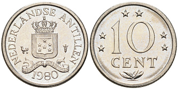 Нидерландские Антилы 10 центов 1980 Беатрикс (1980-2013) KM 10 никель 4169-347