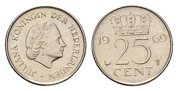 Нидерланды 25 центов 1969 Юлиана (1948-1980) KM 183 никель 4658-858