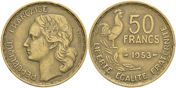 ФРАНЦИЯ 50 ФРАНКОВ 1953 KM 918.1 алюминиевая бронза 189-324