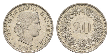 Швейцария 20 раппенов 1989 B KM 29a медно-никель 4623-514