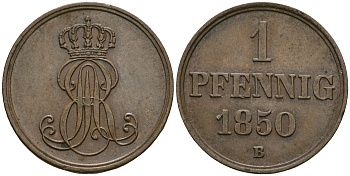 Ганновер 1 пфенниг 1850 B, Эрнст Август (1837-1851) KM 201.1, AKS 129, J. 74 медь 4608-1058