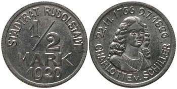 Рудольштадт (Тюрингия) 1/2 марки 1920 Funck 457.9A, Men18 27630.8 железо aUNC 4586-1023