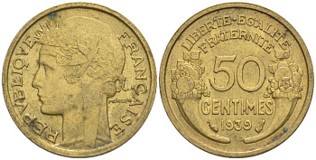 ФРАНЦИЯ 50 САНТИМОВ 1939 ТИП MORLON KM 894.1, LE FRANC 192.15 алюминиевая бронза 44-856