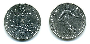 ФРАНЦИЯ 1/2 ФРАНКА 1983 КМ 931.1 никель 3999-826