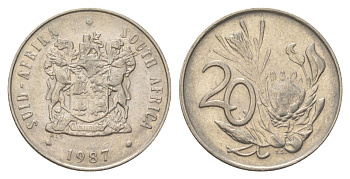 ЮАР 20 центов 1987 герб, цветок протея KM 86 никель 4626-811