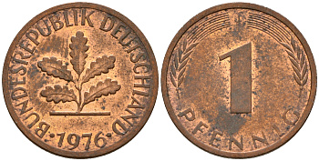 ФРГ 1 пфенниг 1976 J KM 105, J. 380 сталь плакированная медью    4598-553