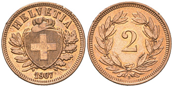 Швейцария 2 раппена 1907 B KM 4 бронза 4387-1268