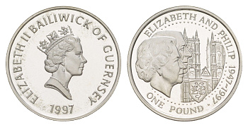 Гернси 1 фунт 1997 50 лет свадьбе Королевы Елизаветы II и Принца Филиппа KM 70 серебро PROOF 1521-1024