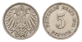 Германия 5 пфеннигов 1911 A, Вильгельм II (1888-1918) KM 11, J. 12 медно-никель 4636-219