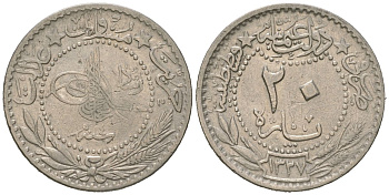 Турция 20 пара 1909 AH 1327, Османская империя, Султан Мехмед V (1909 - 1918) KM 761 никель 4615-333