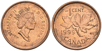 Канада 1 цент 1999 Елизавета II (1952-2022), кленовый лист KM 289 сталь плакированная медью 4609-259