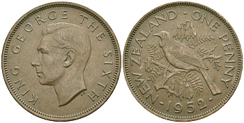 Новая Зеландия 1 пенни 1952 Георг VI (1936-1952), новозеландский туи KM 21 бронза 4557-344