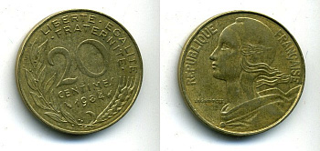 Франция 20 сантимов 1984 тип Marianne KM 930, Le Franс 156.24 медь алюминий никель 25-2334