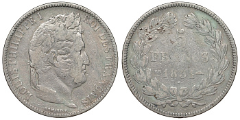 Франция 5 франков 1831 BB, Луи Филипп I (1830-1848) KM 744.1 серебро 1066-7-31