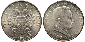 Австрия 2 шиллинга 1934 на смерть канцлера Энгельберта Дольфуса KM 2852 серебро 413-1921