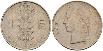 Бельгия 1 франк 1961 Belgique KM 142.1 медно-никель    4161-1235