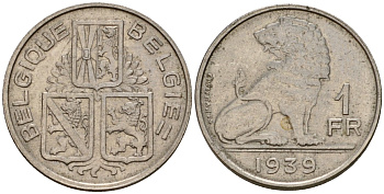 Бельгия 1 франк 1939 Belgique - Belgie KM 119 никель 4603-1251