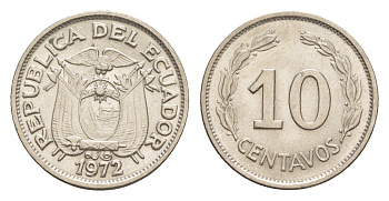 Эквадор 10 сентаво 1972 KM 76c сталь плакированная никелем UNC 4640-1158