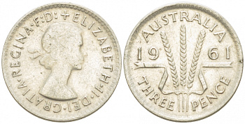 Австралия 3 пенса 1961 m, Елизавета II (1952-2022) KM 57 серебро 3955-446