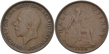 Великобритания 1/2 пенни 1930 Георг V (1910 - 1936) KM 837, Spink 4058 бронза 4153-812