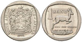 ЮАР 1 ранд 1991 KM 138 медь плакированная медно-никелем aUNC 4611-526