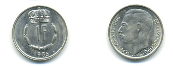 ЛЮКСЕМБУРГ 1 ФРАНК 1965 ПЕРВЫЙ ГОД KM 55 медно-никель UNC 80-513