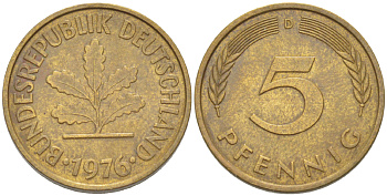 ФРГ 5 ПФЕННИГОВ 1976 D KM 107, J. 382 сталь плакированная латунью 4181-949