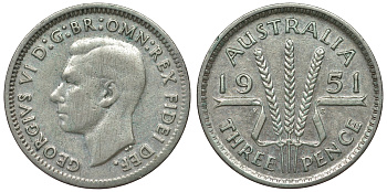 Австралия 3 пенса 1951 m, Георг VI (1937-1952), без букв KM 44 серебро 71-337