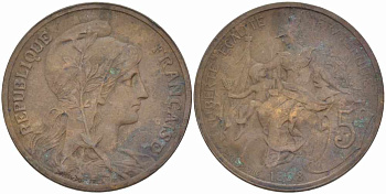 ФРАНЦИЯ 5 САНТИМОВ 1908 ТИП ДАНИЭЛЬ ДЮПЮИ KM 842, LE FRANC 119.19 бронза 108-912