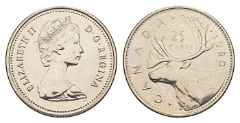 Канада 25 центов 1980 Елизавета II (1952-2022), олень KM 74 никель PROOF-LIKE (BU) 4631-942